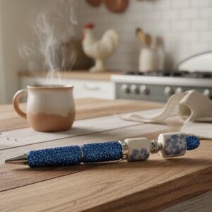 Handcrafted porcelain glass Beaded Pen with Silver Accents